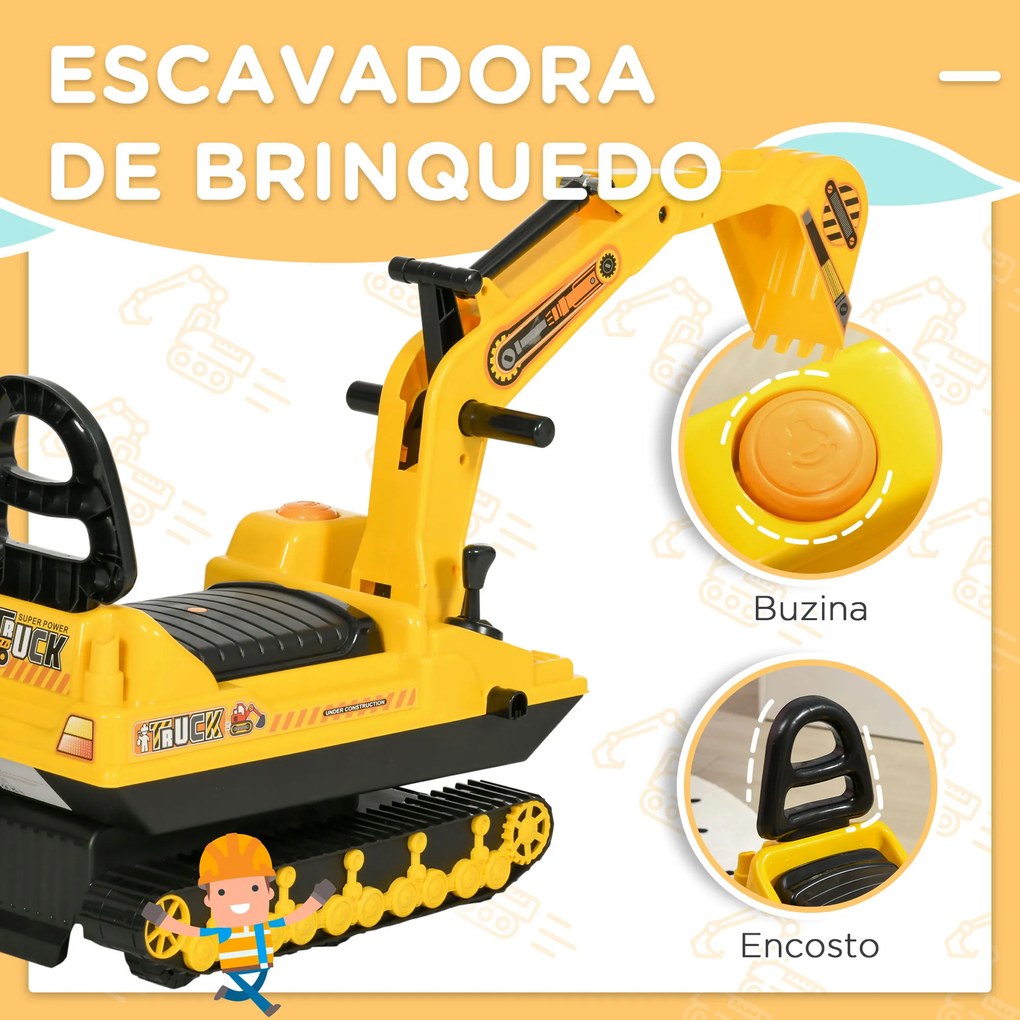 Escavadora sem Pedais com Braço Móvel para bébes Carro Andador com Assento de Armazenamento Pá Dianteira e Buzina 78x24x58,5 cm Amarelo
