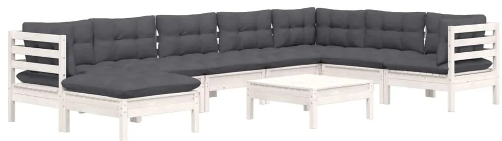 9 pcs conj. lounge de jardim c/ almofadões pinho maciço branco
