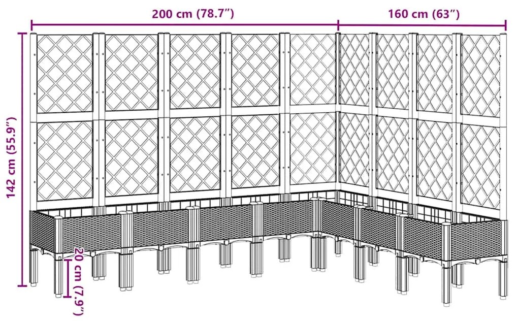 Vaso/floreira de jardim c/ treliça 200x160x142 cm PP preto