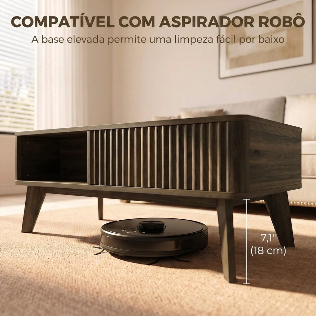 Mesa de Centro Elevatória 100x48x41 cm com Compartimento Oculto e Prateleiras Abertas 100x48x41-56 cm Cor Nogueira