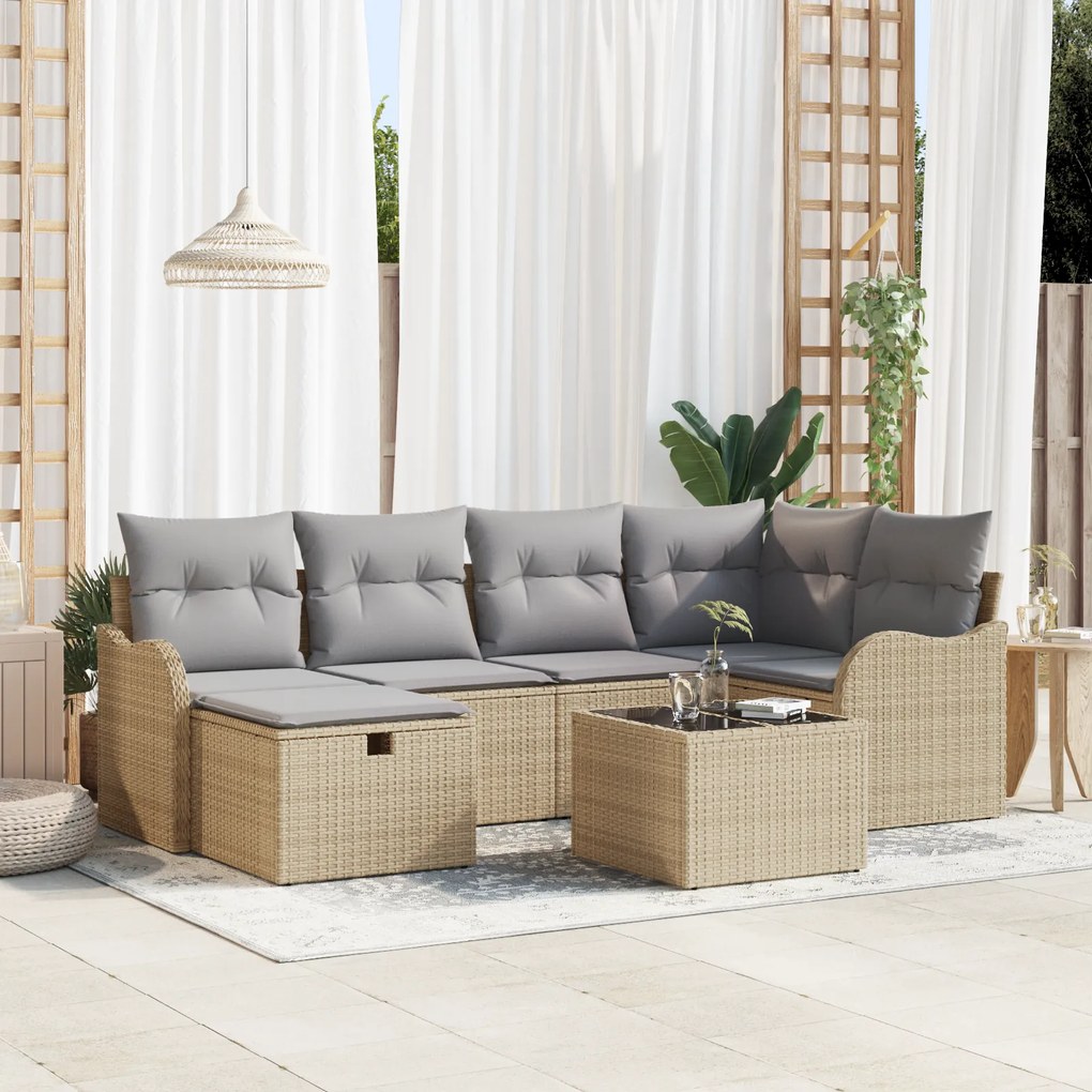 Conjunto de Sofá de Jardim vidaXL de 7 Peças com Almofadas Bege Rattan