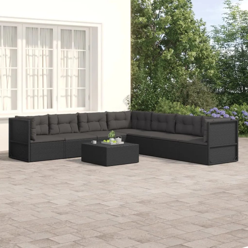 vidaXL 7 pcs conjunto lounge de jardim c/ almofadões vime PE preto