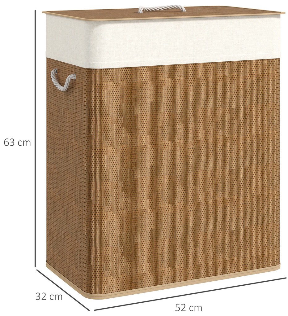 Cesto de Roupa com Tampa 100L de Bambu com 2 Compartimentos Bolsa Interior Amóvivel 52x32x63 cm Castanho e Creme