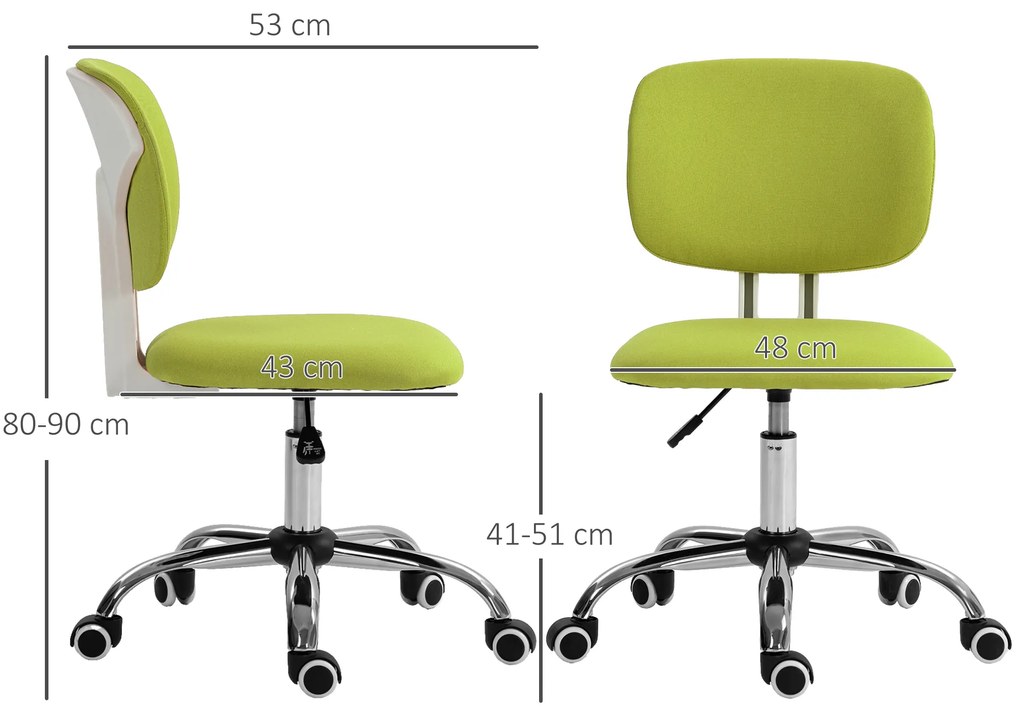 Cadeira de Escritório sem Braços Giratória Estofada em Tecido com Altura Ajustável Estilo Moderno 48x53x80-90 cm Verde