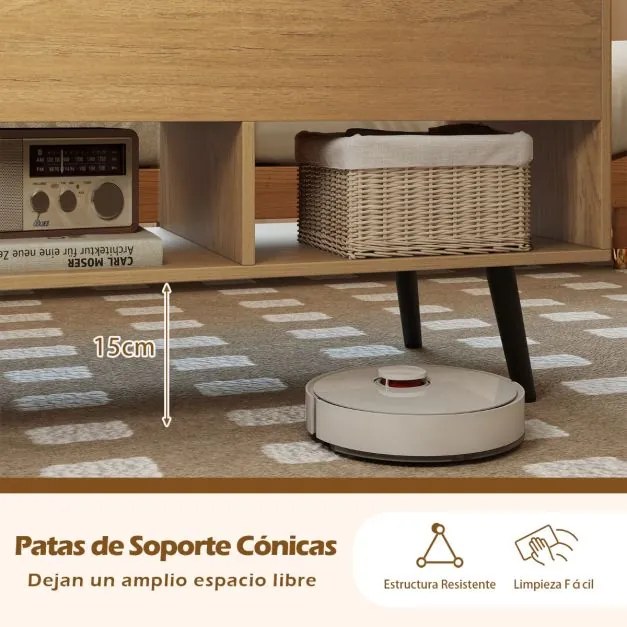 Mesa de centro com tampo elevável 80 x 40 x 46 cm, compartimento oculto e 2 prateleiras para sala de estar Natural