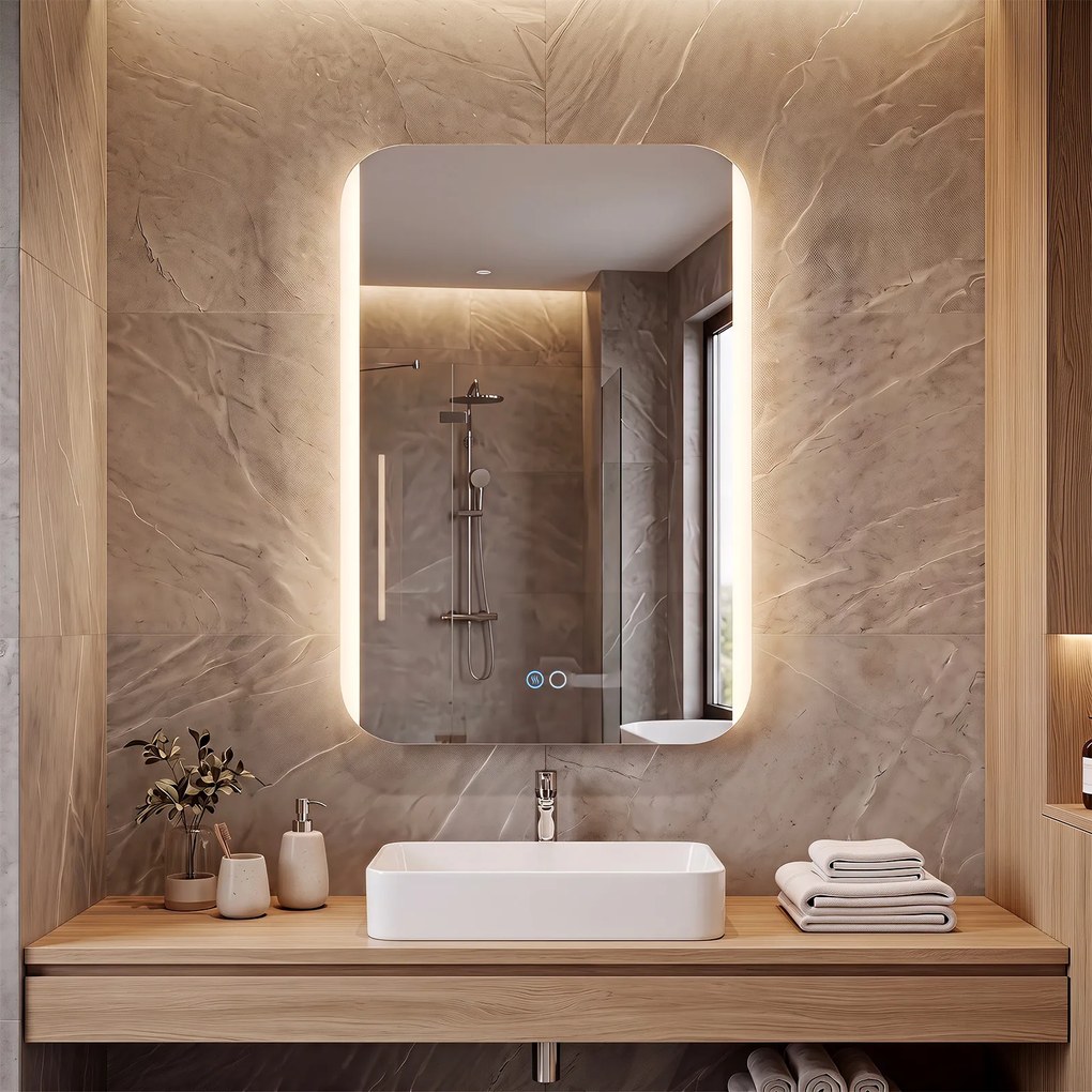 Espelho de Casa de Banho Suspenso, 70 x 50 x 3,5 cm, Luz LED Regulável, Branco