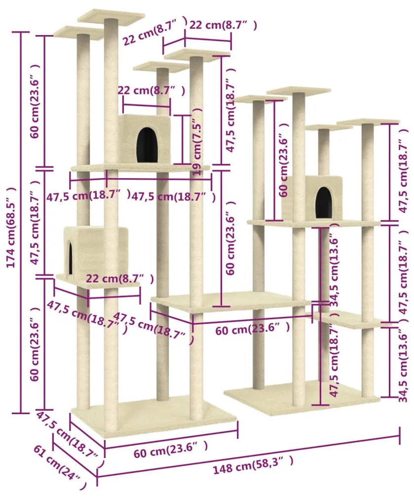 Árvore para gatos c/ postes arranhadores sisal 174 cm cor creme