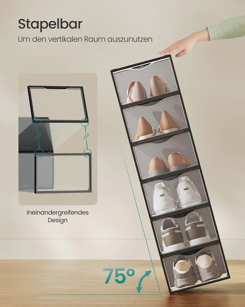 Conjunto de 18 caixas de plástico para sapatos (até tamanho 43) 33,2 x 23 x 14,5 cm Preto + Transparente