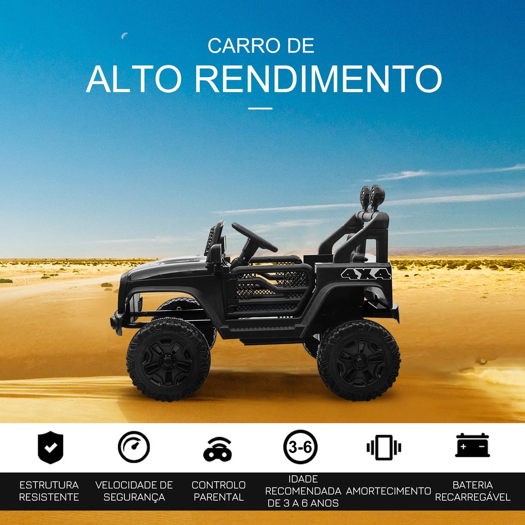 Jipe Elétrico para Crianças com Bateria de 12V 2 Motores Controlo Remoto 2,4G Faróis Buzina Velocidade Ajustável 100x65x72 cm Preto