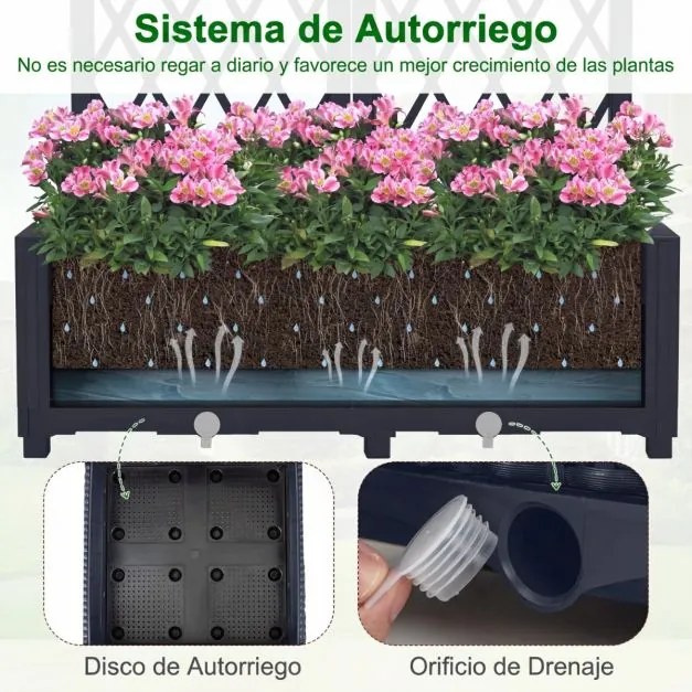 Floreira de jardim elevada dupla com treliça; floreira de plástico para exterior com orifícios de drenagem; vaso de jardim para pátio, cinzento