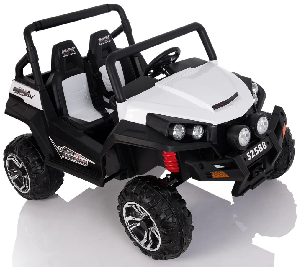 Carro elétrico para crianças Buggy RSX - 2,4 GHz, 24V, 4x4, 2 Lugares em pele, rodas em Borracha, rádio FM, Bluetooth Branco