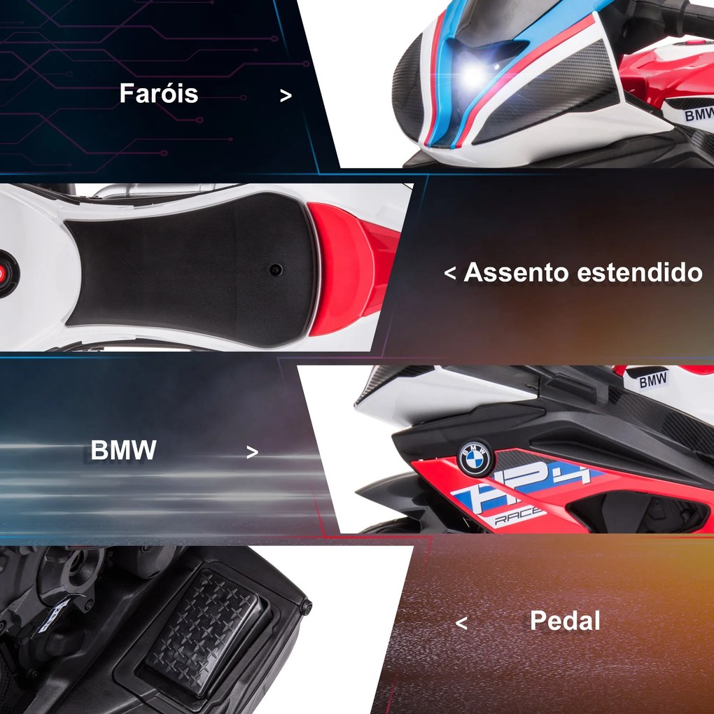 Mota Elétrica BMW HP4 para Crianças Acima de 18 Meses Mota de Bateria 6V com Música USB Velocidade 2,5km/h Avance e Retrocesso Carga Máxima 30kg 82,5x