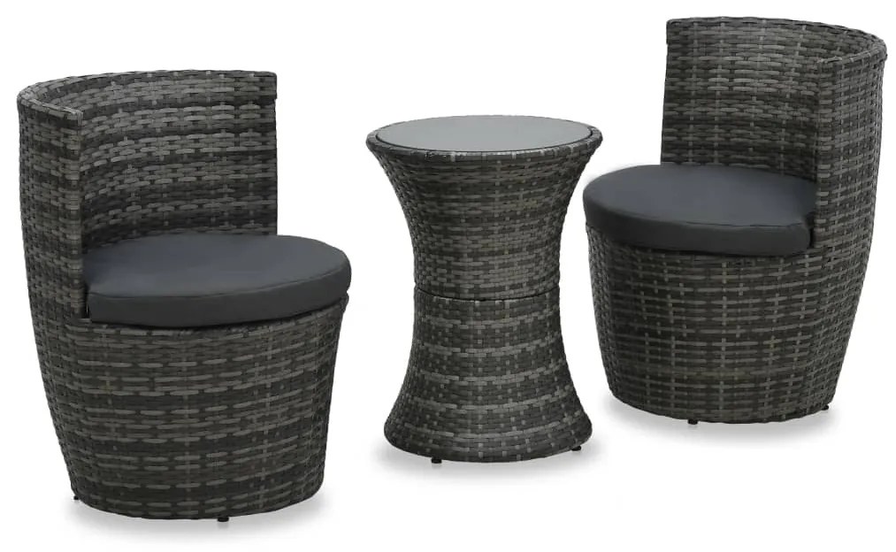 vidaXL 3 pcs conjunto bistrô com almofadões vime PE cinzento