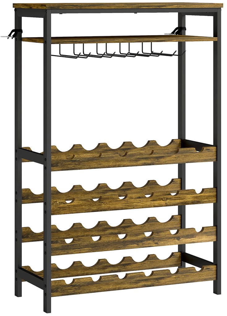 Garrafeira para Vinho para 24 Garrafas Estilo Industrial com Suporte para Copos e Prateleira Aberta 66x30x100,3 cm Castanho Rústico
