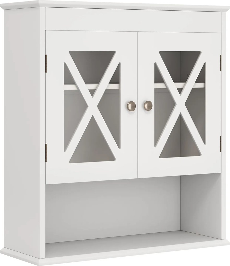 Armário de parede de casa de banho 54 × 20 × 60 cm com prateleira ajustável Prateleira aberta com 2 portas transparentes Branco