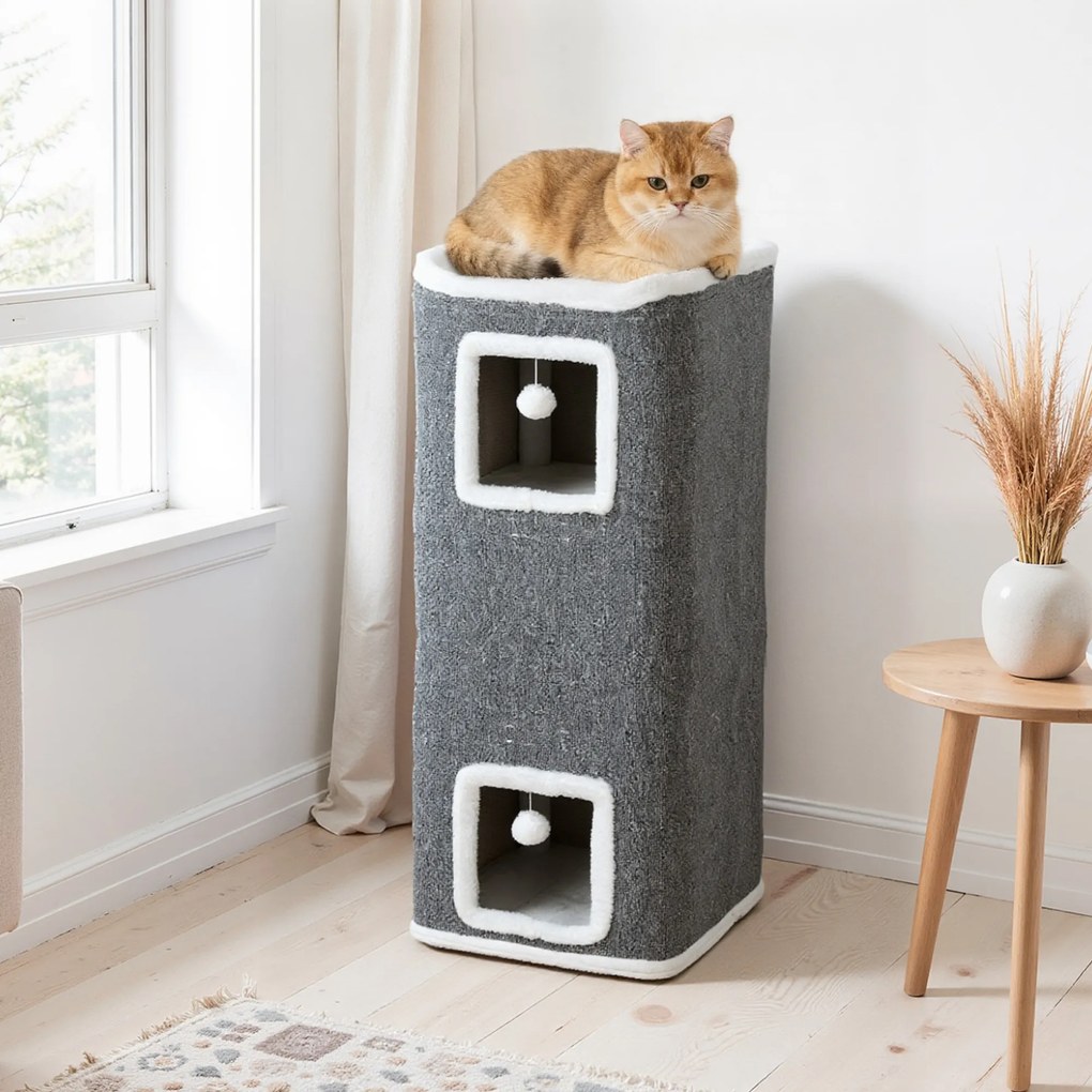 Torre para gatos de 4 níveis, árvore para gatos estável com bolas de brincar, plataforma superior com rebordo em pelúcia, 41 x 41 x 100 cm, cinzento