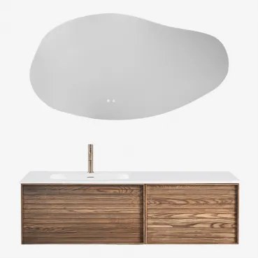 Conjunto De Móvel De Casa De Banho Suspenso 140x50 Cm Em Madeira Com Lavatório Integrado Solea Castanho Fresno & Led Irregular - Sklum