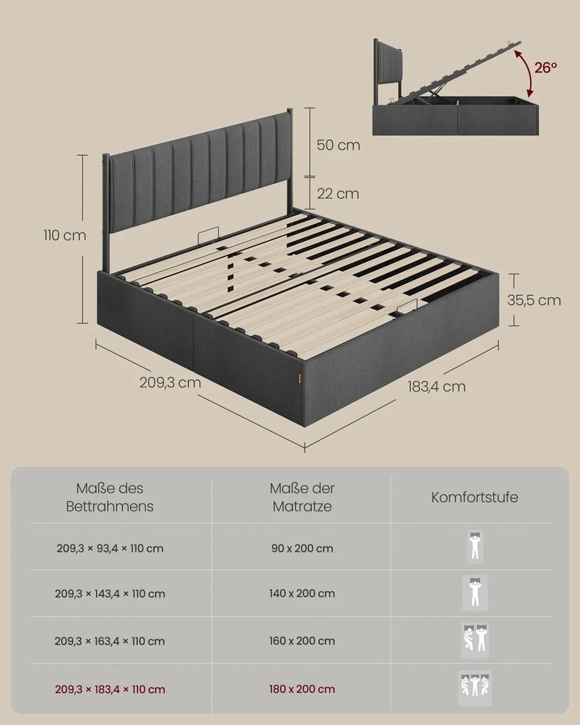 Estrutura de cama 180 x 200 cm com estrado (COLCHÃO NÃO INCLUIDO) com espaço de arrumação sob a cama e cabeceira em cinza ardósia