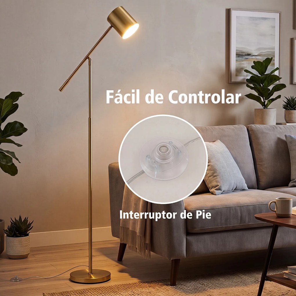 Candeeiro de Pé, Altura 175 cm e Ângulo Ajustáveis, Dourado