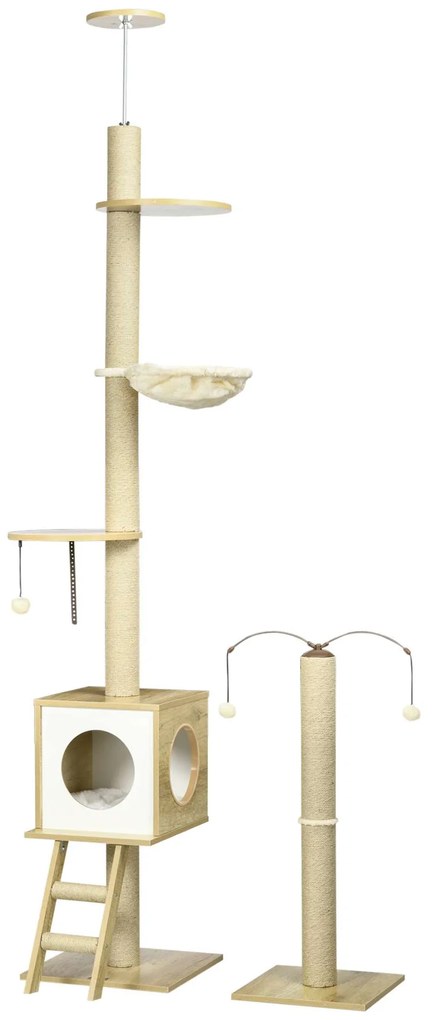 PawHut Árvore para Gatos Chão ao Teto 220260cm Ajustável Plataformas Rede Caverna Juta 40x40225 285cm Bege Aventura Conforto Durável