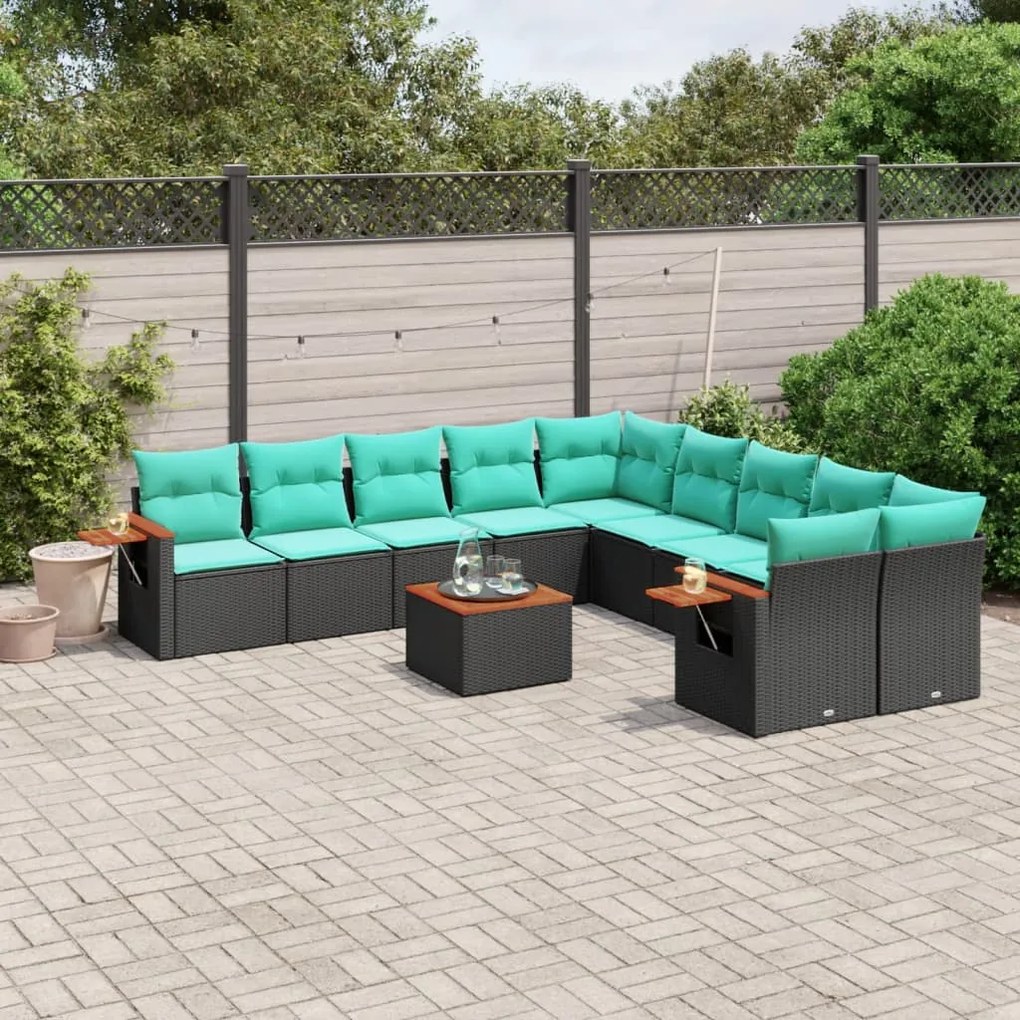 11 pcs conjunto sofás de jardim c/ almofadões vime PE preto