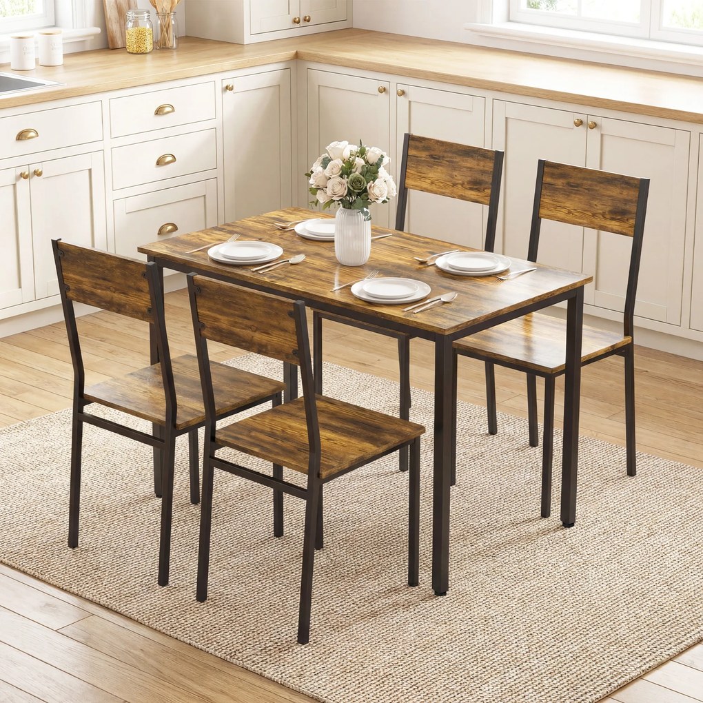 Conjunto de mesa de jantar com 4 cadeiras, mesa de cozinha com cadeiras para 4 pessoas, pés em metal, castanho rústico