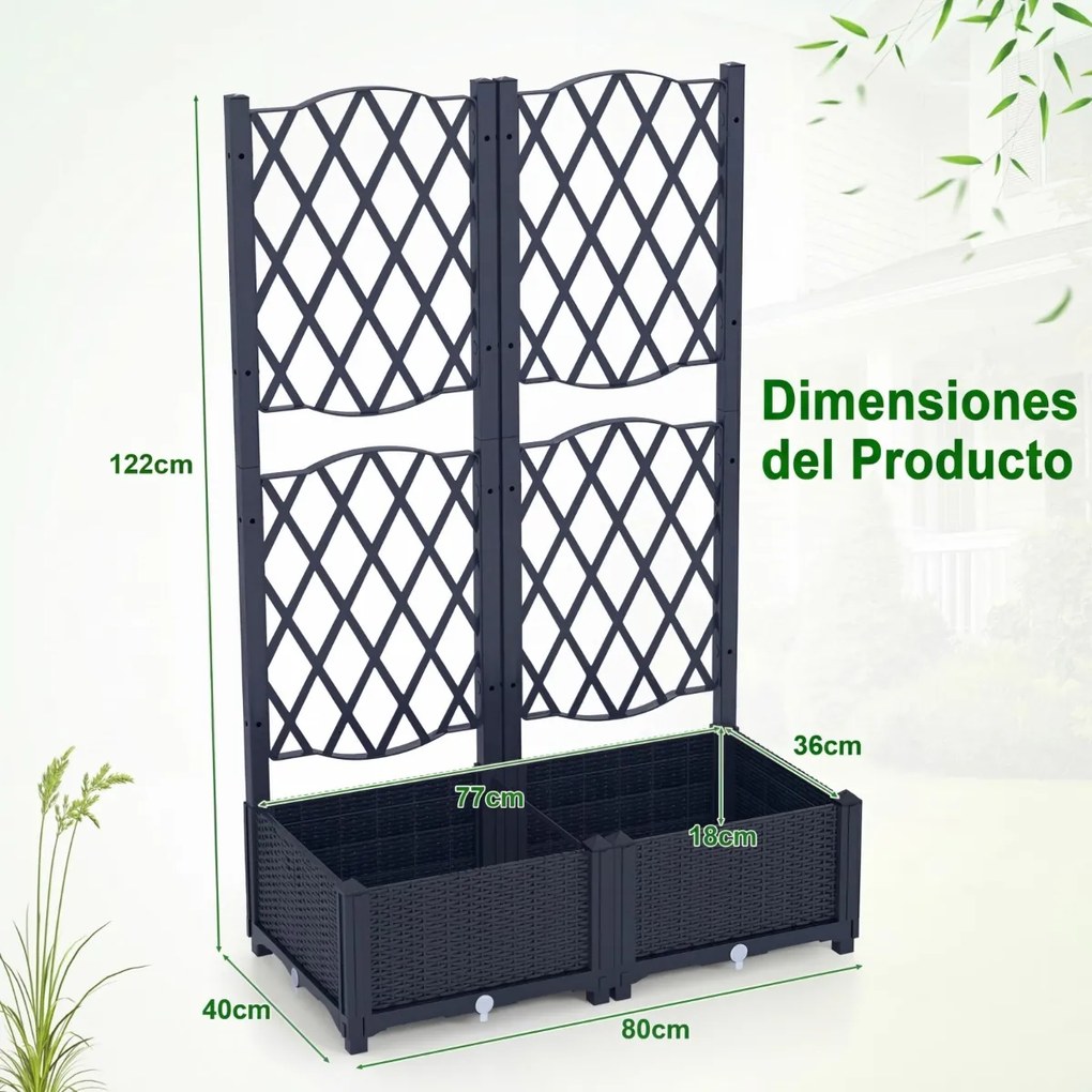 Floreira de jardim elevada dupla com treliça; floreira de plástico para exterior com orifícios de drenagem; vaso de jardim para pátio, cinzento