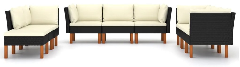 9 pcs conjunto lounge de jardim c/ almofadões vime PE preto