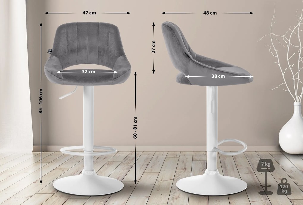 Banco alto Milet em veludo com estrutura branca 85-106 x 47 x 48 cm Cinzento