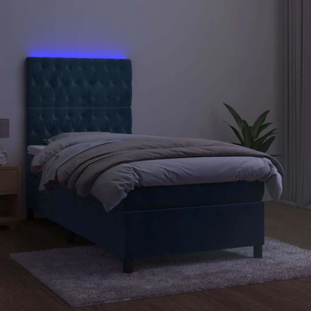 Cama box spring c/ colchão/LED 100x200 cm veludo azul-escuro