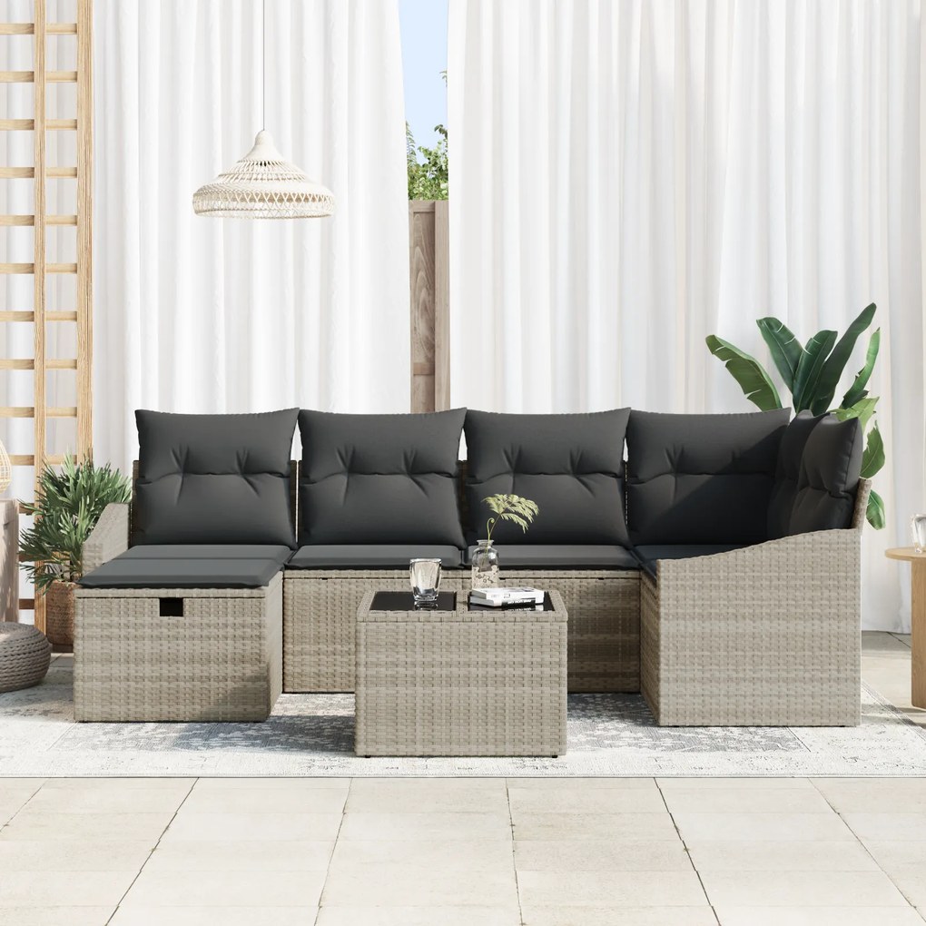 Conjunto de Sofá de Jardim de 7 Peças com Almofadas em Rattan PE Cinza