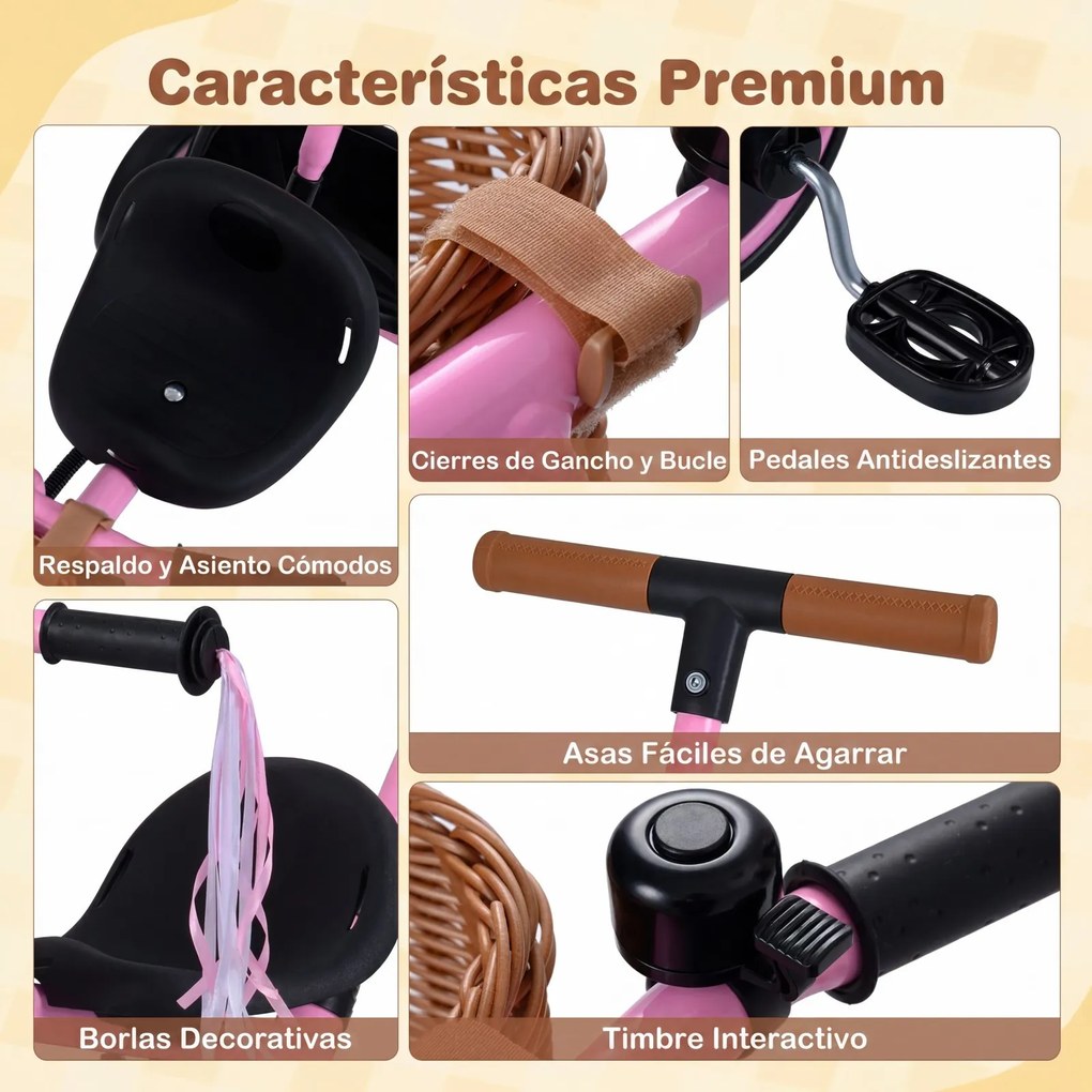 Triciclo Infantil Evolutivo 2 em 1, 94 x 43 x 90-96,5 cm, Pega de Empurrar Ajustável, Cor-de-rosa