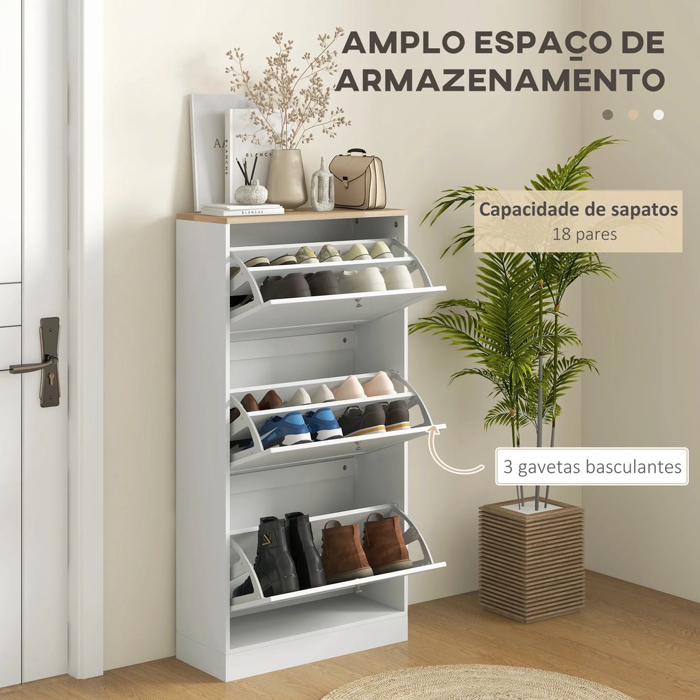 Móvel Sapateira de Entrada com 3 Gavetas Basculantes e Prateleiras Ajustáveis para 18 Pares de Sapatos 60x23,5x115 cm Branco