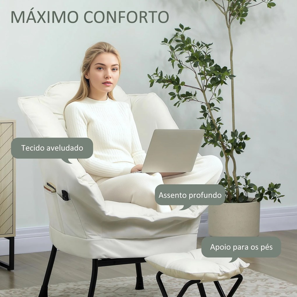 Poltrona Sala de Estar com Apoio para os Pés Poltrona Relax para Leitura com Bolsos Laterais 80x78x100 cm Creme