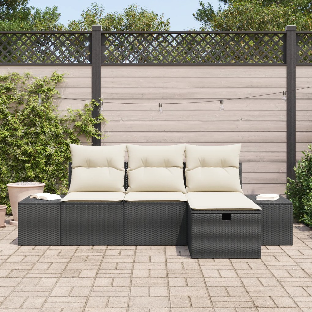 Conjunto de Sofá de Jardim de 4 peças com Almofadas Preto Rattan Plást