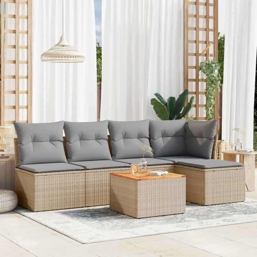 6 pcs conj. sofás jardim c/ almofadões vime PE bege misturado