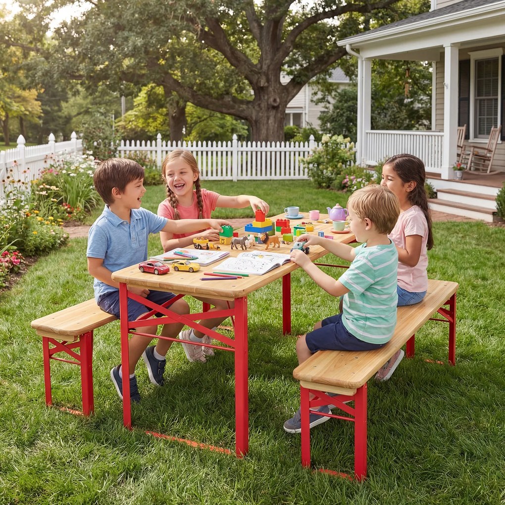 Conjunto de mesa e 2 bancos dobráveis para crianças, com tampo em madeira de abeto e estrutura metálica, para piqueniques de 4 pessoas, idades entre o