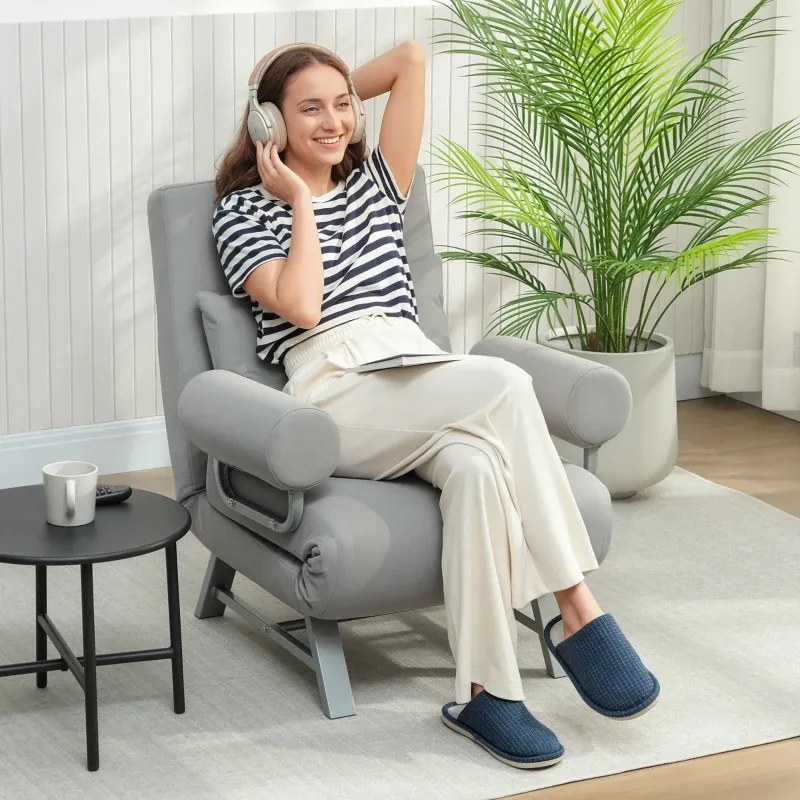 poltrona Sofá Cama Dobrável Estofado em Linho Sintético com Encosto Ajustável em 5 Níveis e Almofada Acolchoada 73x78x81 cm Cinzento Claro