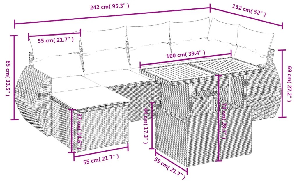 7 pcs conjunto de sofás p/ jardim c/ almofadões vime PE preto
