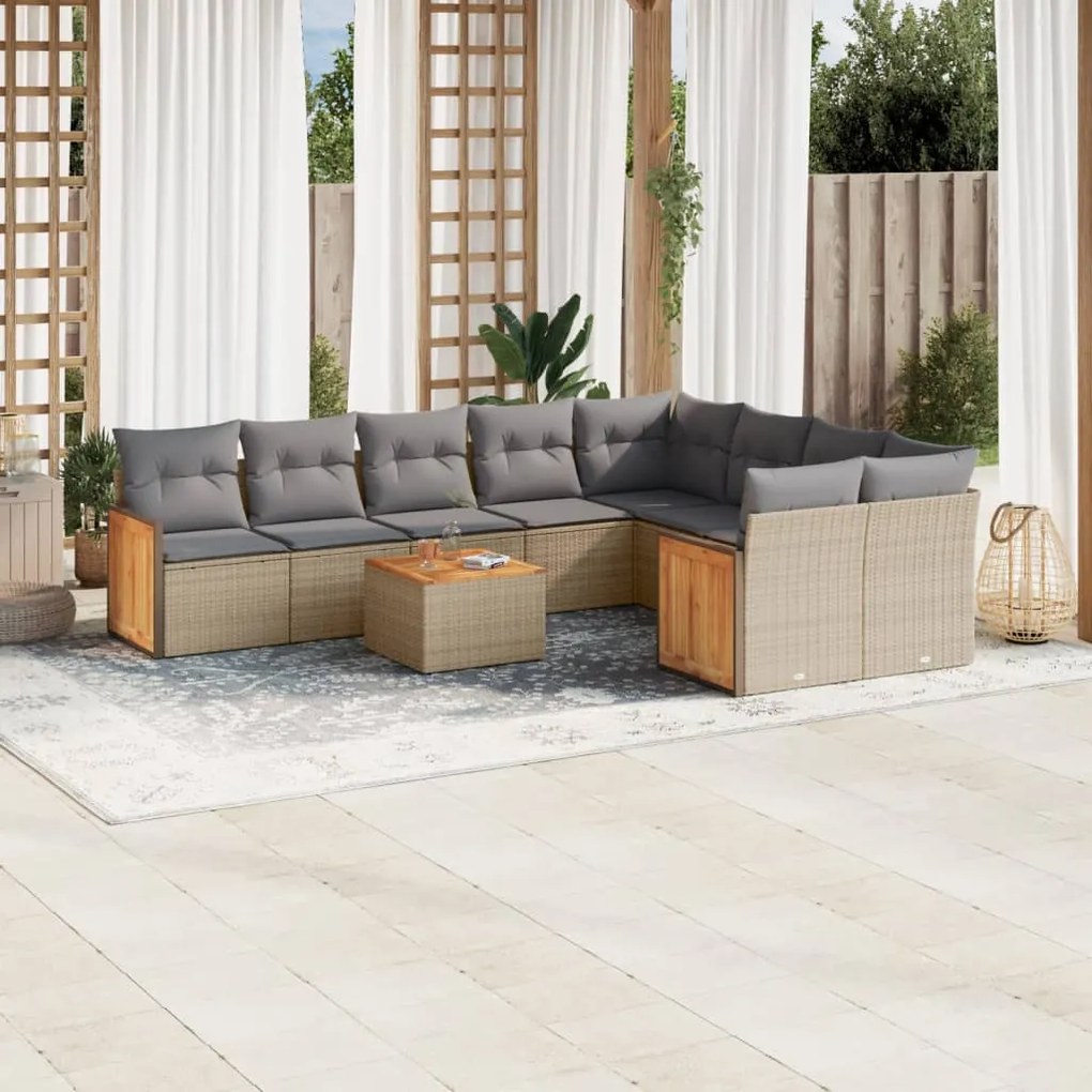 10 pcs conjunto de sofás p/ jardim com almofadões vime PE bege