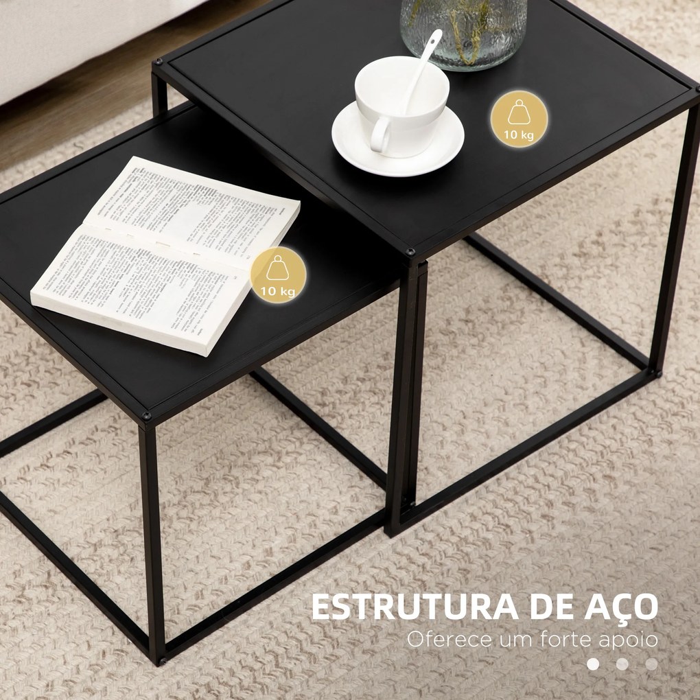 Conjunto de 2 Mesas Mesas de Centro Quadradas para Sala de Estar Estrutura de Aço Grande 40 cm Pequena 35 cm Preto