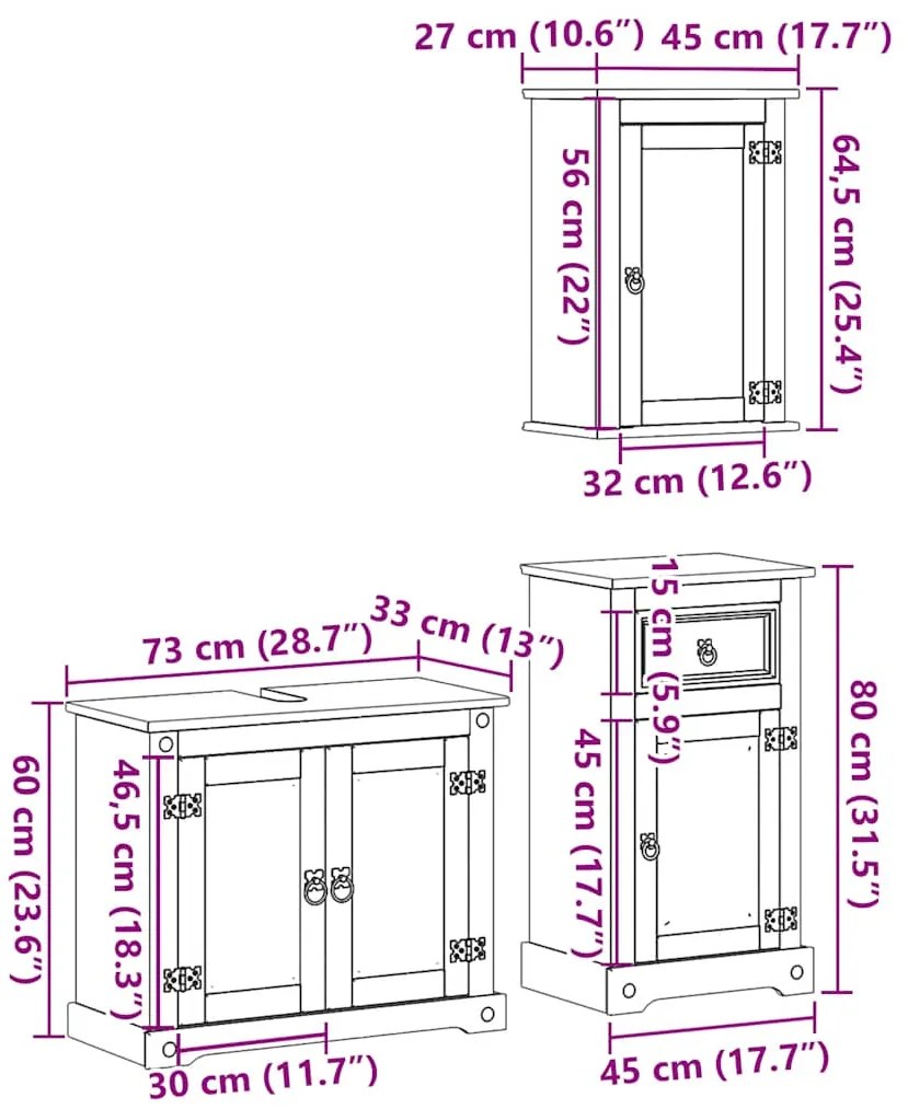 3 pcs conj. de móveis p/ casa de banho Corona pinho maciço