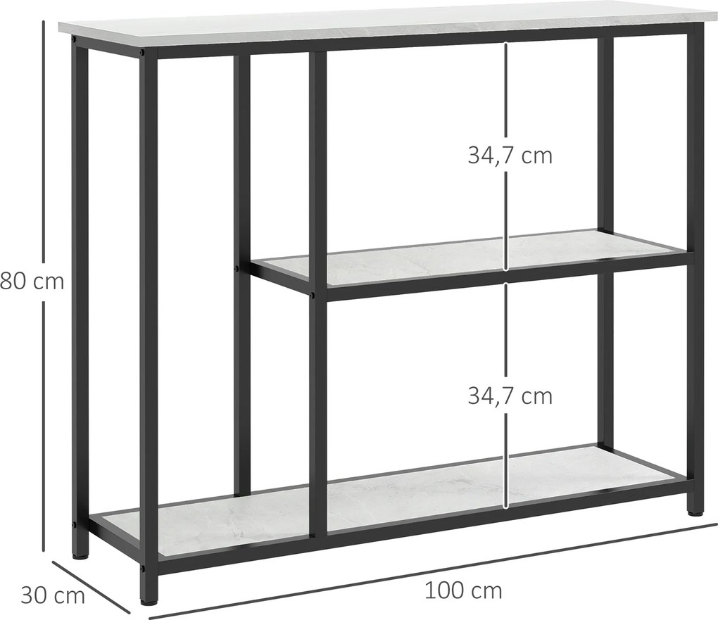 Mesa consola de 100 cm, com 3 níveis, tampos com efeito de mármore, estrutura em aço, branco