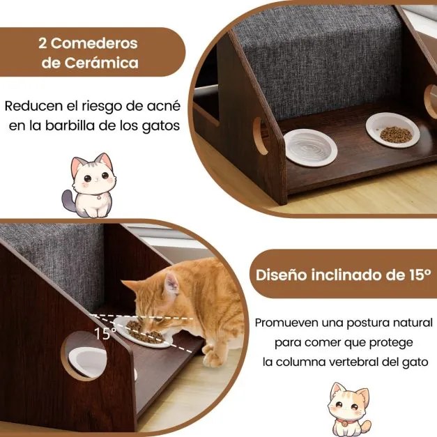 Casa de madeira para gatos 60 x 40 x 40 cm de interior com comedouro Teto removível e estrutura metálica  Castanho