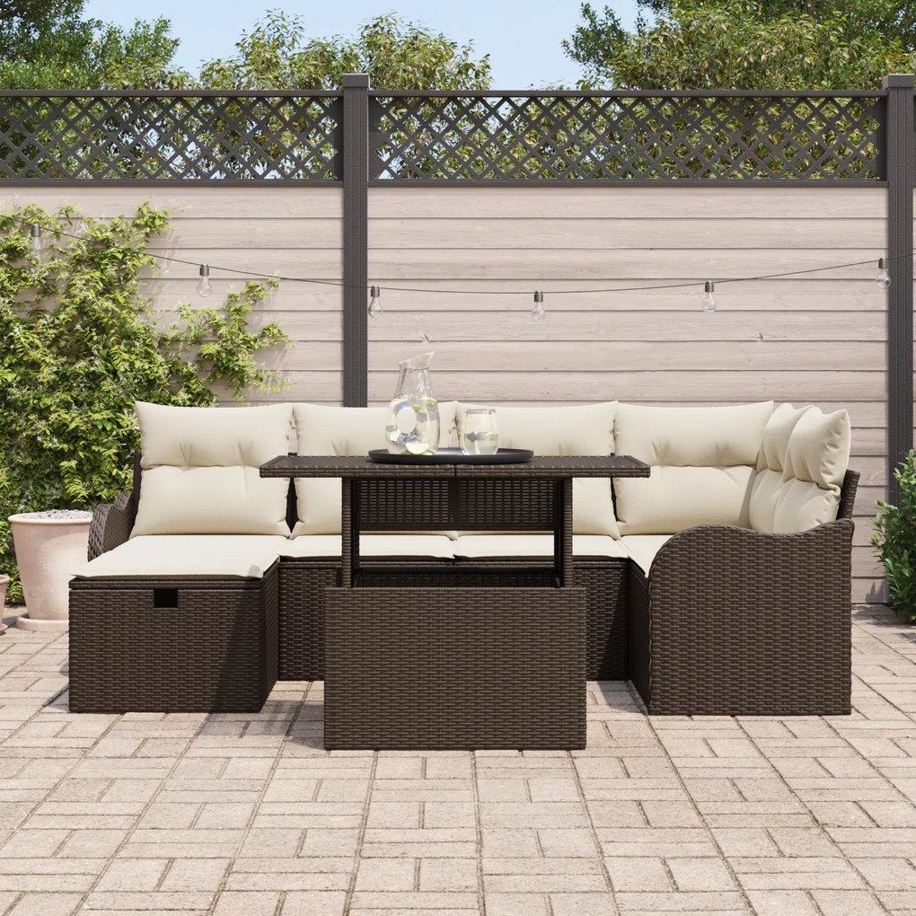 Conjunto de Sofá de Jardim vidaXL 7 Peças com Almofadas Castanho Ratta