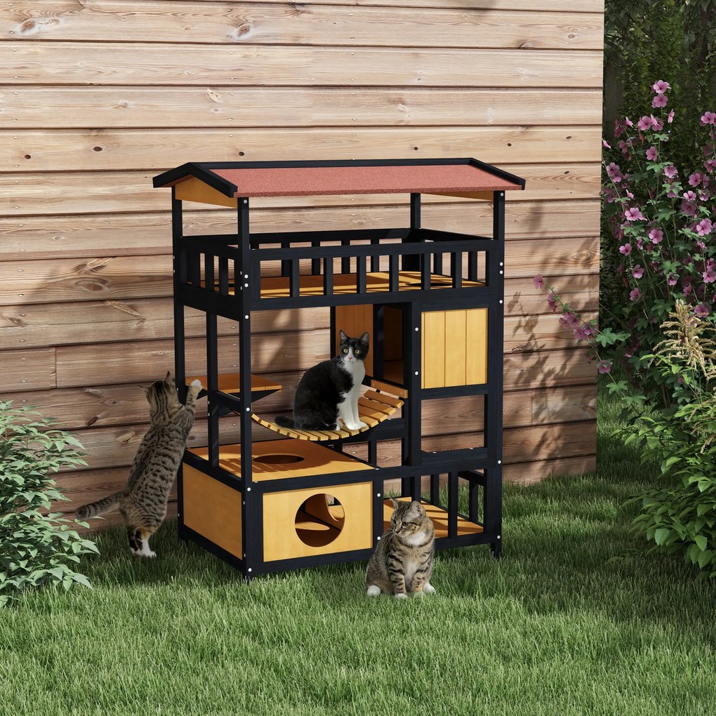 Casa para Gatos de Madeira 84x60x116 cm Abrigo para Gatos de 4 Níveis para Exterior com Ponte Suspensa Varanda Natural