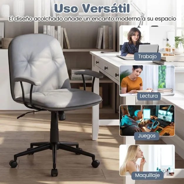 Cadeira de escritório ajustável para casa com função de balanço, braços acolchoados e rodas suaves, cinza