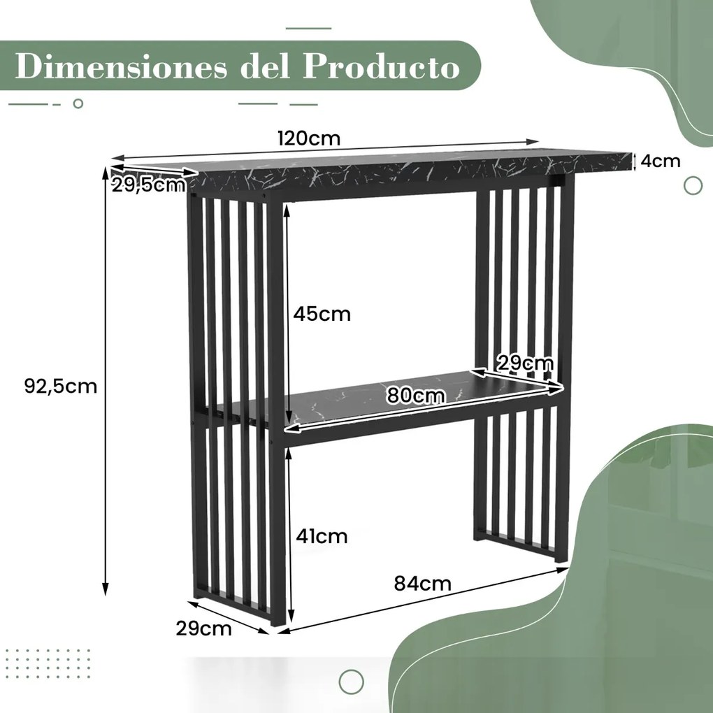 Mesa Consola de 2 Níveis Estreita em Imitação de Mármore com Estrutura em Aço 120 x 29,5 x 92,5 cm Preta