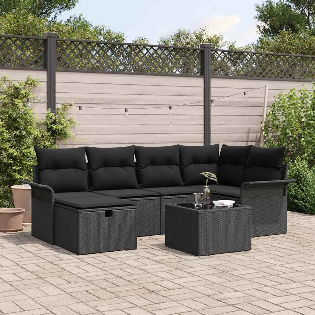 vidaXL Conjunto de Sofá de Jardim com almofada 7 pcs Preto vime PE
