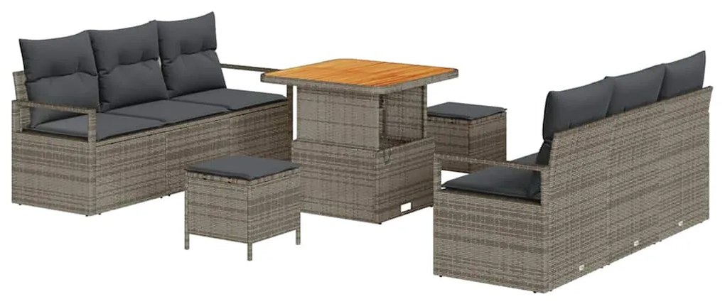 Conjunto de Sofá de Jardim de 9 Peças com Almofadas Cinza em Polyratta